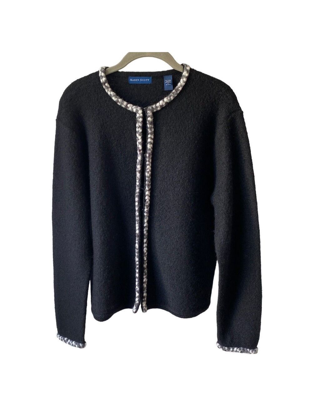 Vintage 90s Karen Scott Sz L Australian Wool Sweater Black Braided Gray Trim